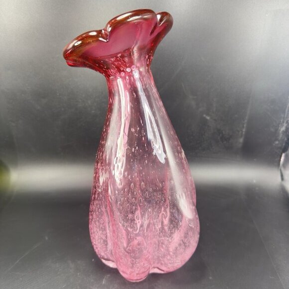 Large Art Glass Vase Vessel Pink Flower Shape Vas With Air Bubbles All Over Vase - Picture 14 of 16